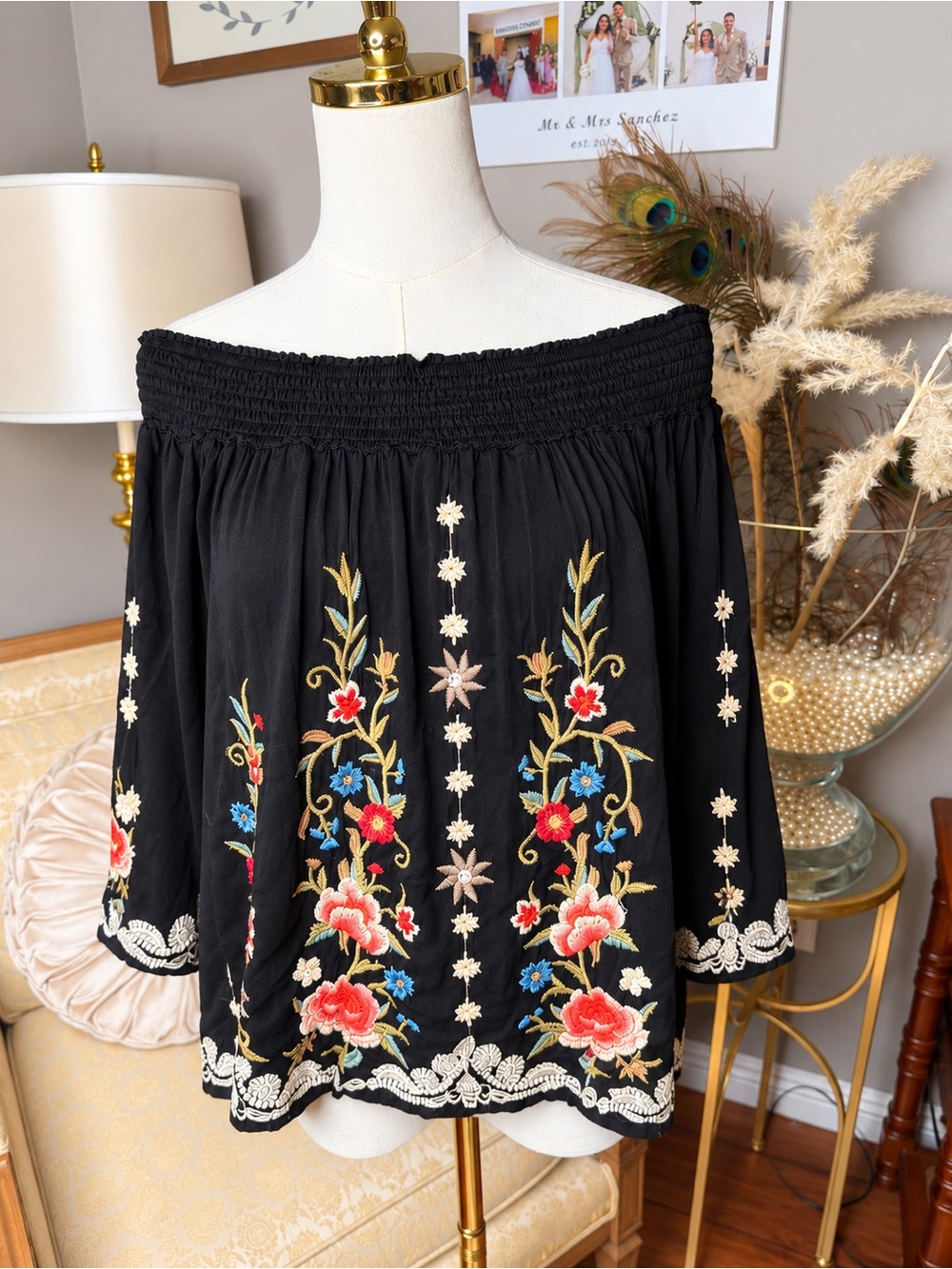 Johnny Was Embroidered Floral Off Shoulder Boho Blouse Black S